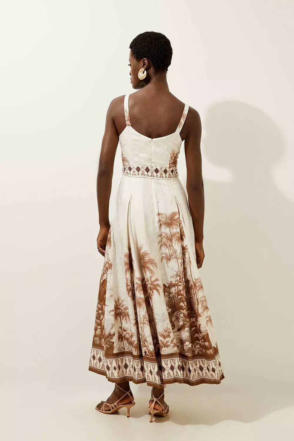 Viscose Linen Scenic Placed Print Strappy Woven Midi Dress