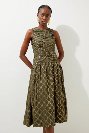 Petite Metallic Viscose Georgette Beaded Woven Midi Dress khaki