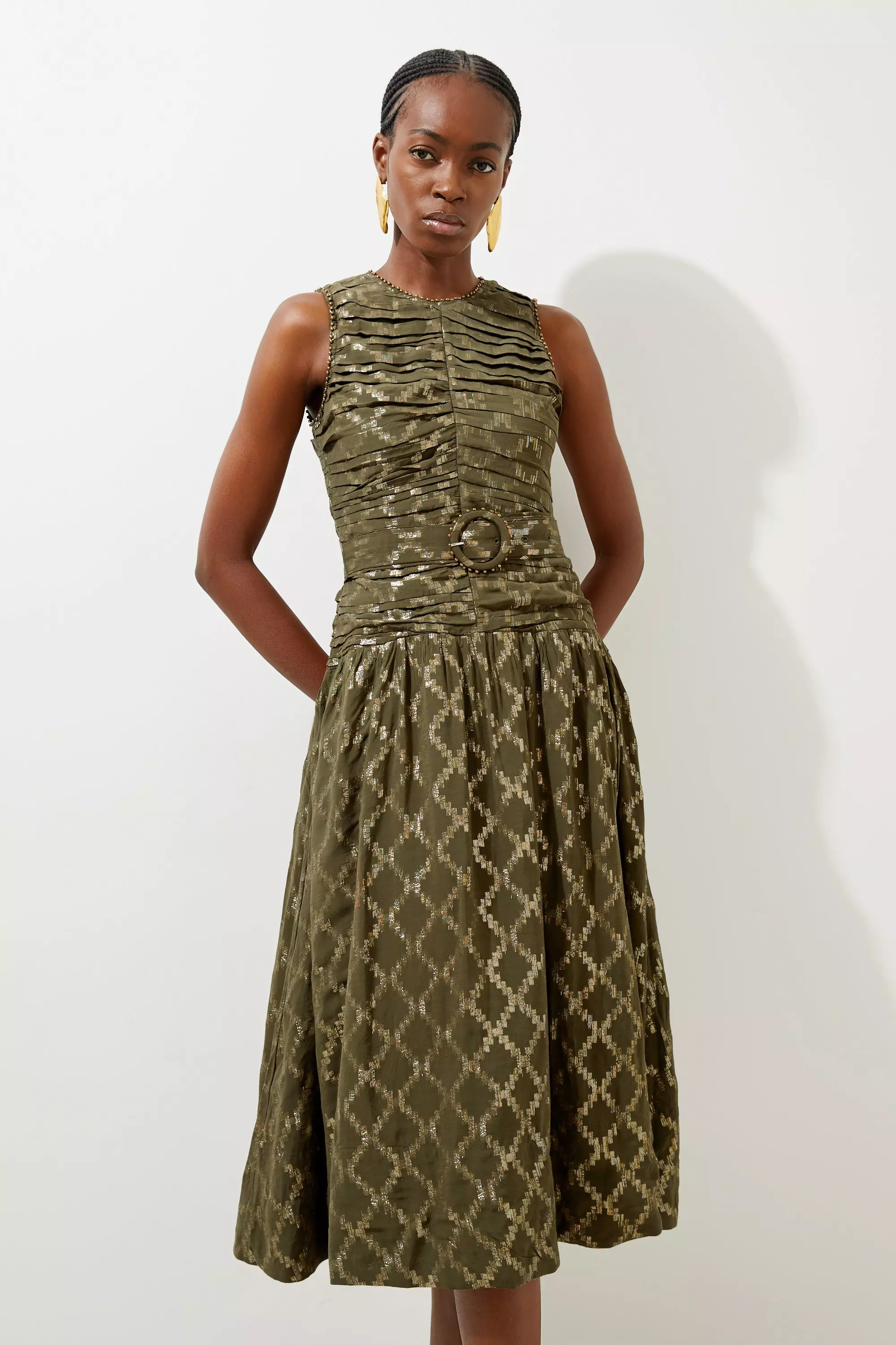 Karen Millen Womens Petite Metallic Viscose Georgette Beaded Woven Maxi Dress Khaki Green Size 8