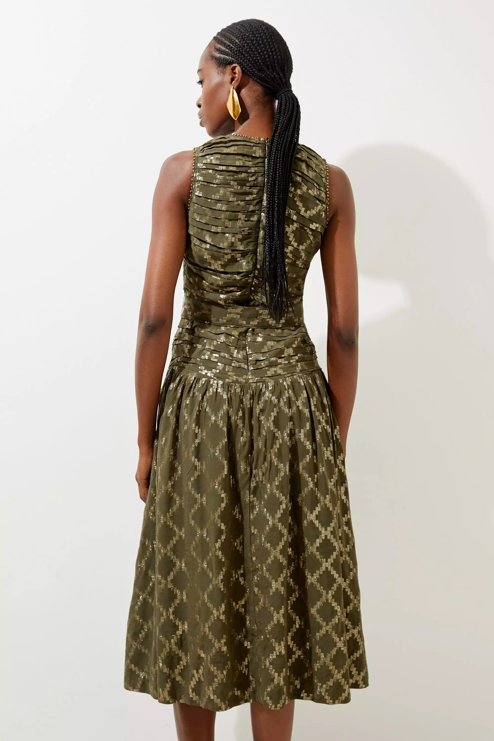 【KAREN MILLEN】コットン ホルターネック織り ミディ ドレス Petite Metallic Viscose Georgette Beaded Woven Maxi Dress