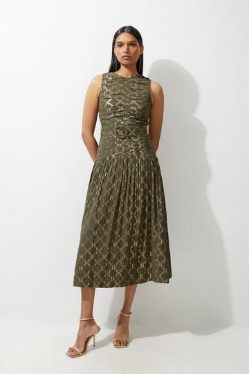 Tall Metallic Viscose Georgette Beaded Woven Midaxi Dress khaki