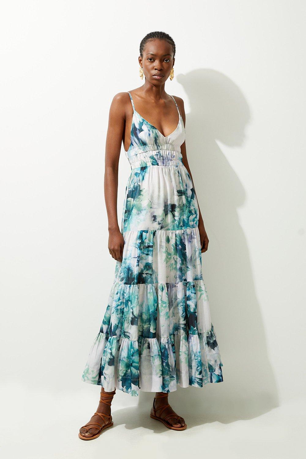 Watercolour Cotton Voile Plunge Strappy Woven Maxi Dress