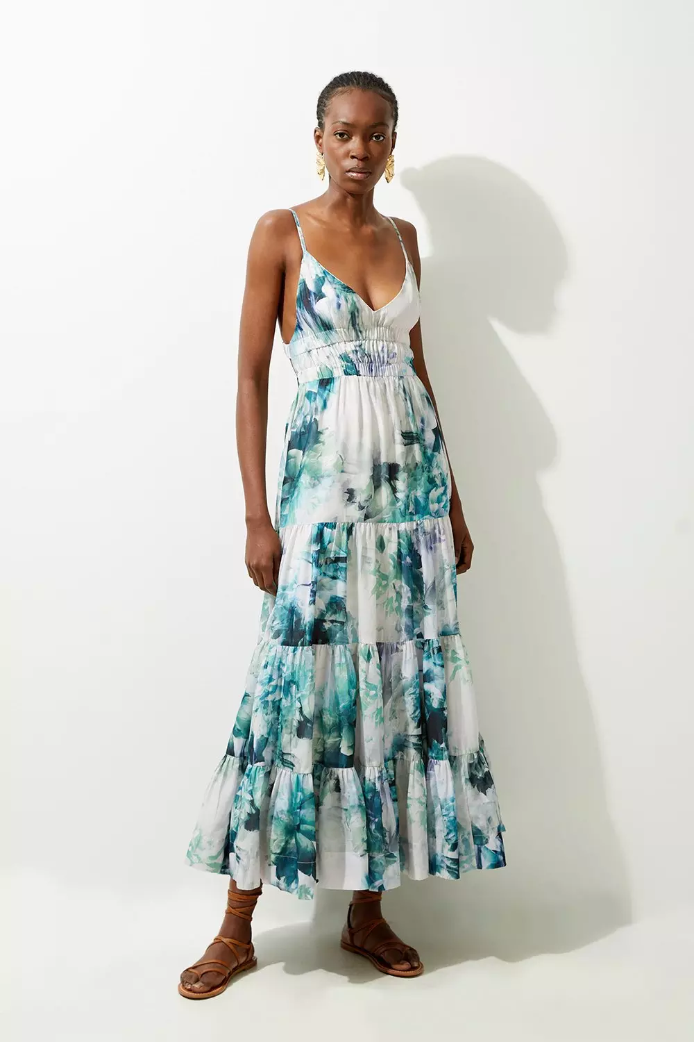 Blue Watercolour Cotton Voile Plunge Strappy Woven Maxi Dress alternative image