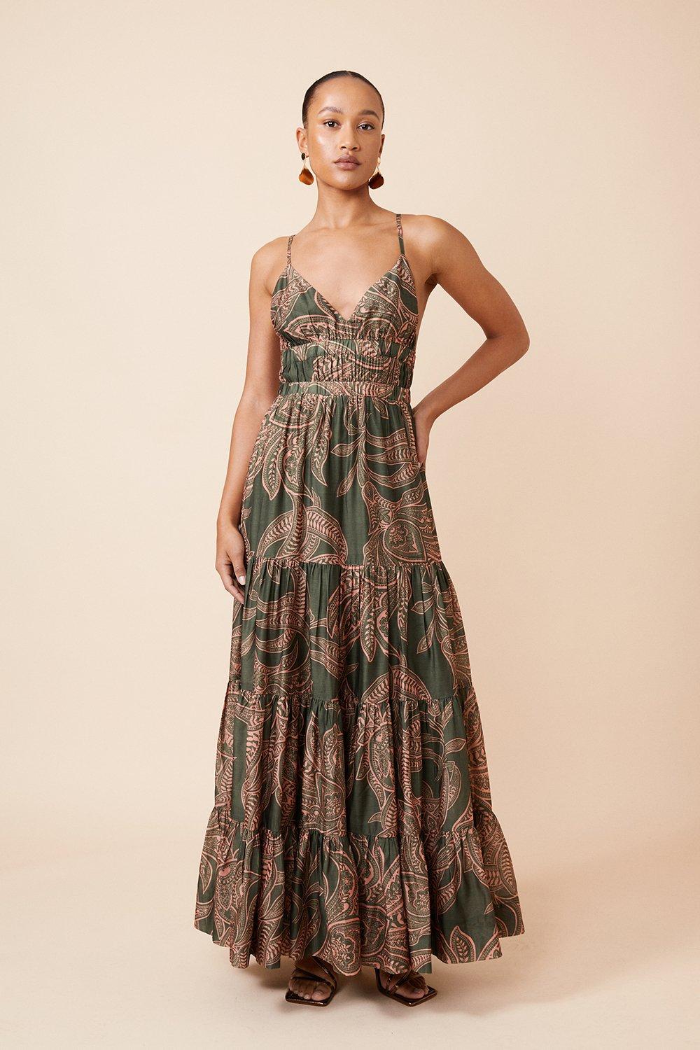 Batik Print Cotton Voile Plunge Strappy Woven Maxi Dress