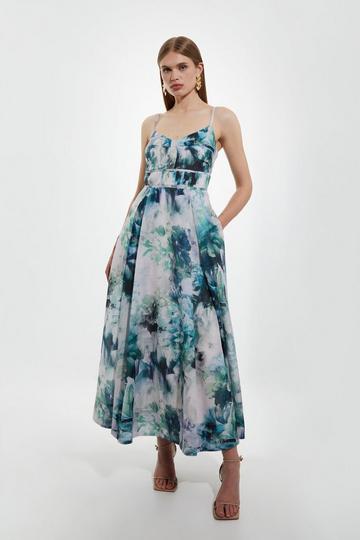 Blue Watercolour Cotton Voile Strappy Woven Maxi Dress