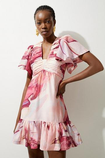 Marble Print Cotton Puffy Sleeve Woven Mini Dress pink