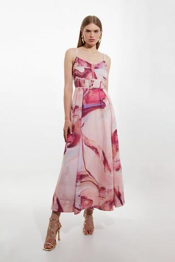 Watercolour Print Cotton Strappy Woven Maxi Dress pink