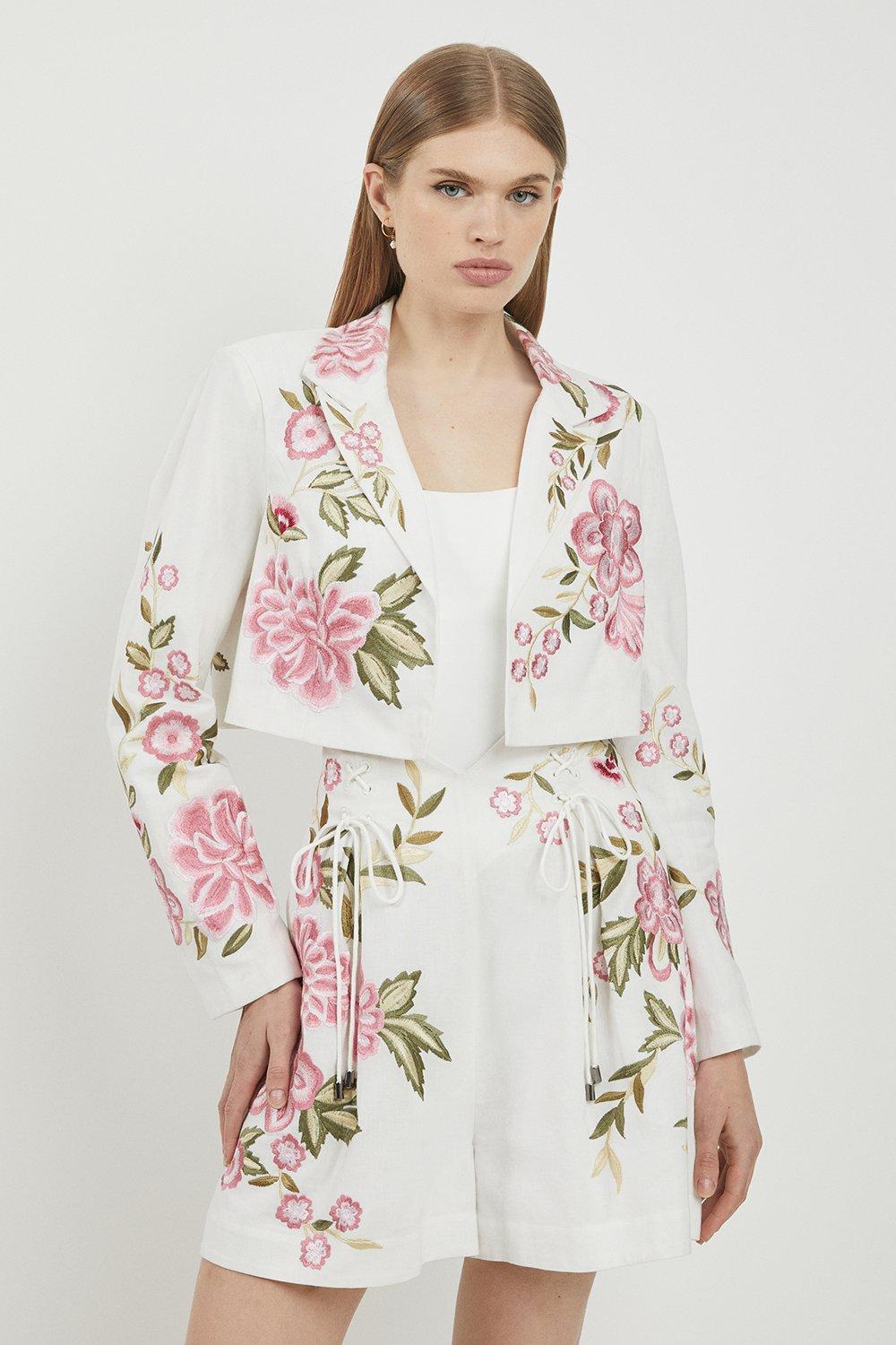 Natural Lydia Millen Linen Embroidery Woven Cropped Blazer