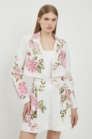 Lydia Millen Linen Embroidery Woven Cropped Blazer natural