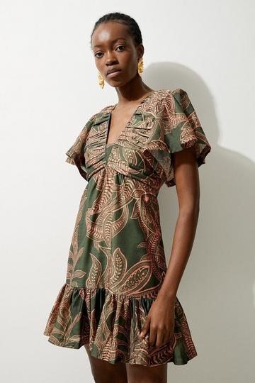 Batik Print Cotton Voile Puffy Sleeve Woven Mini Dress khaki