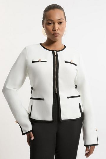 Plus Size Figure Form Bandage Military Contrast Piping Knit Jacket mono