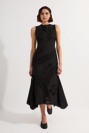 Black Cutwork And Embroidery Linen Viscose Woven Maxi Dress