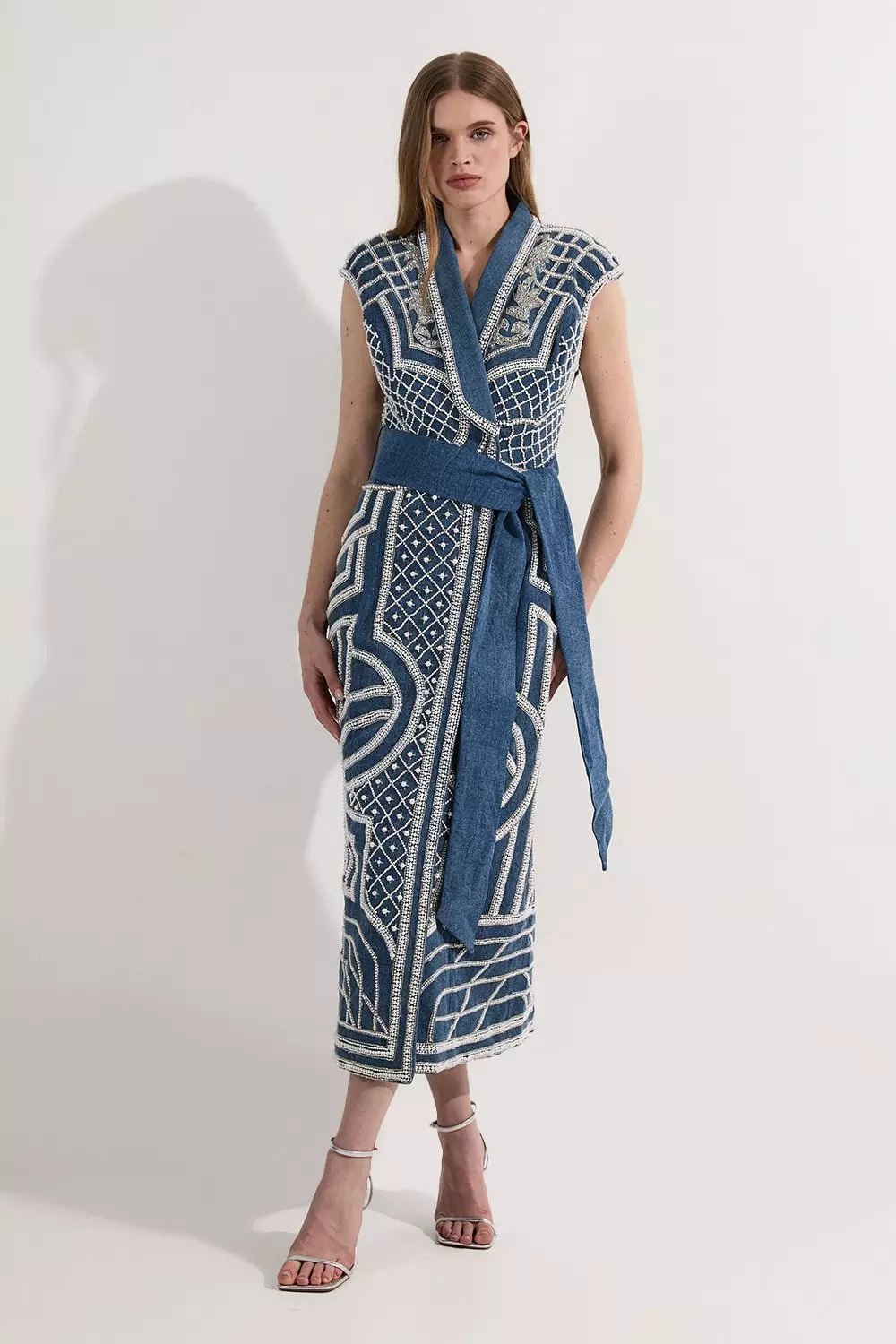 Premium Pearl Embellished Denim Woven Sleeveless Blazer Midi