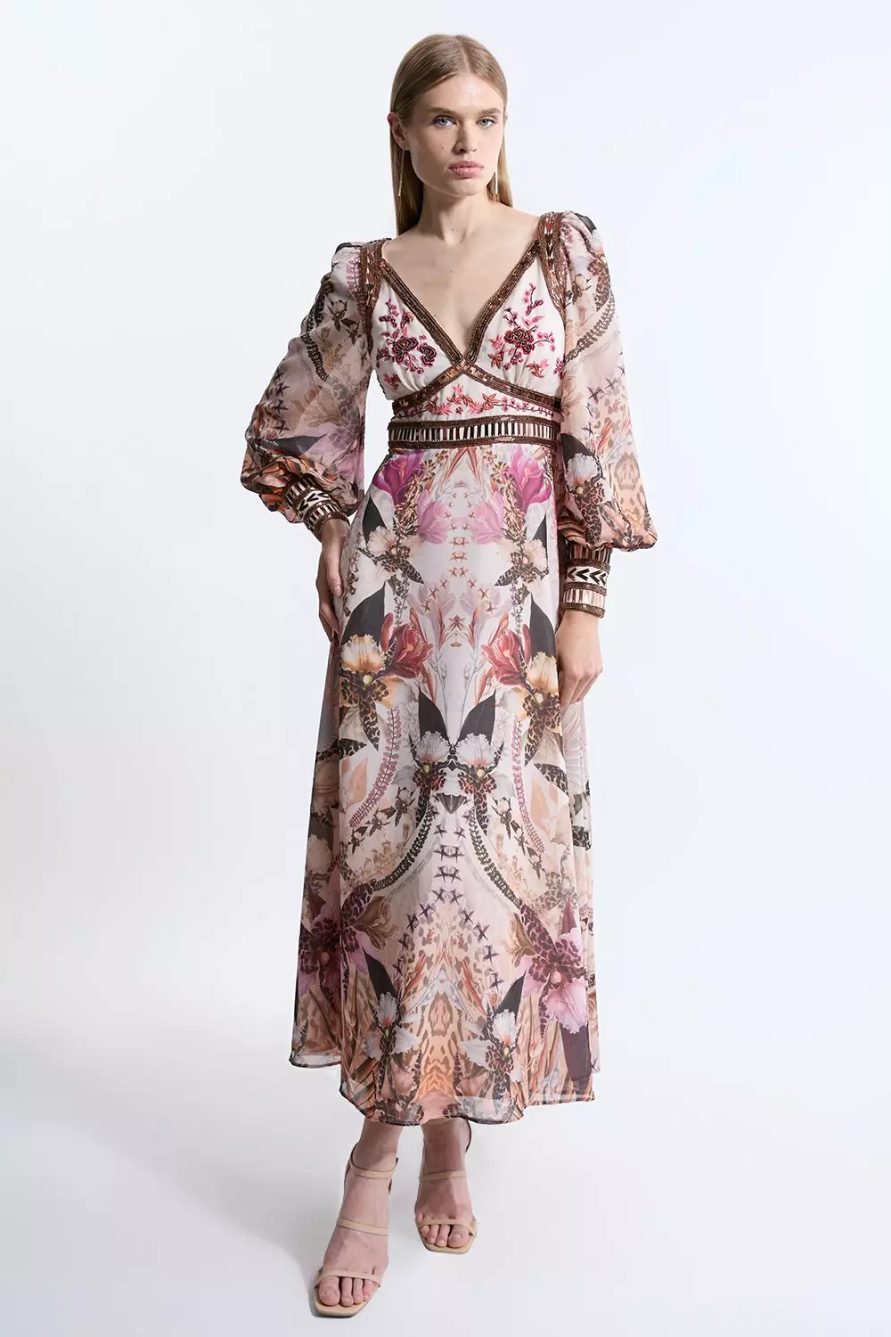 Petite Placed Floral Embroidered And Beaded Woven Midi Dress