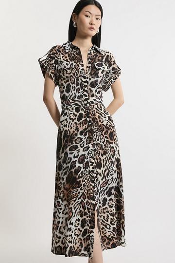 Animal Multi Petite Leopard Batik Printed Morocain Woven Midi Shirt Dress