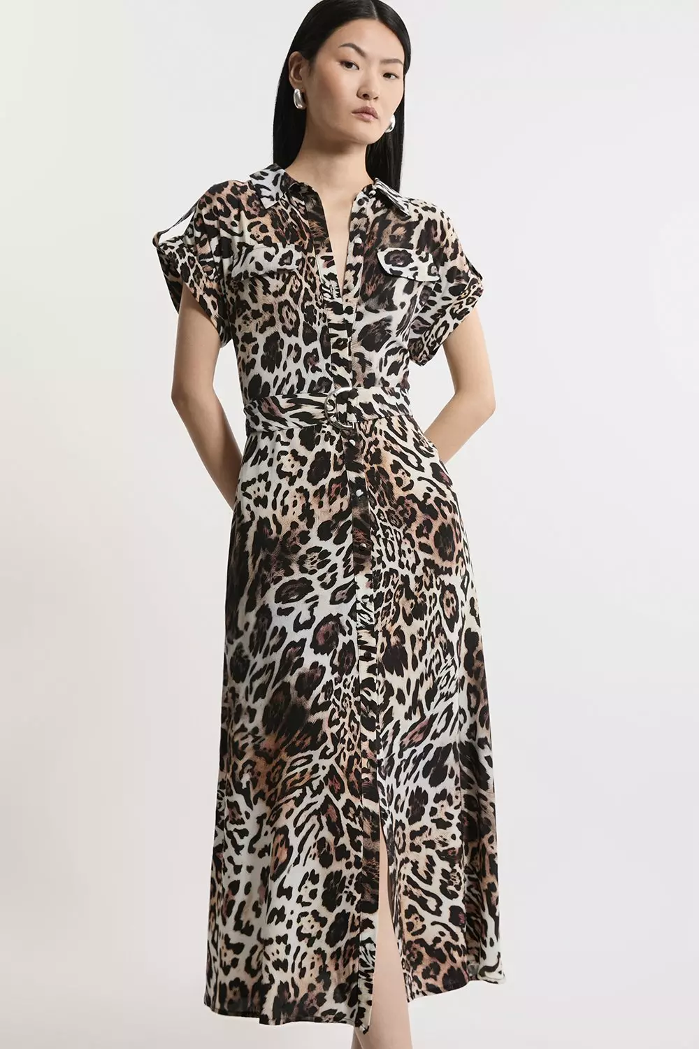 Petite Leopard Batik Printed Morocain Woven Midi Shirt Dress Karen Millen