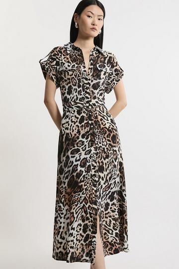 Leopard Batik Printed Morocain Woven Midi Shirt Dress animal