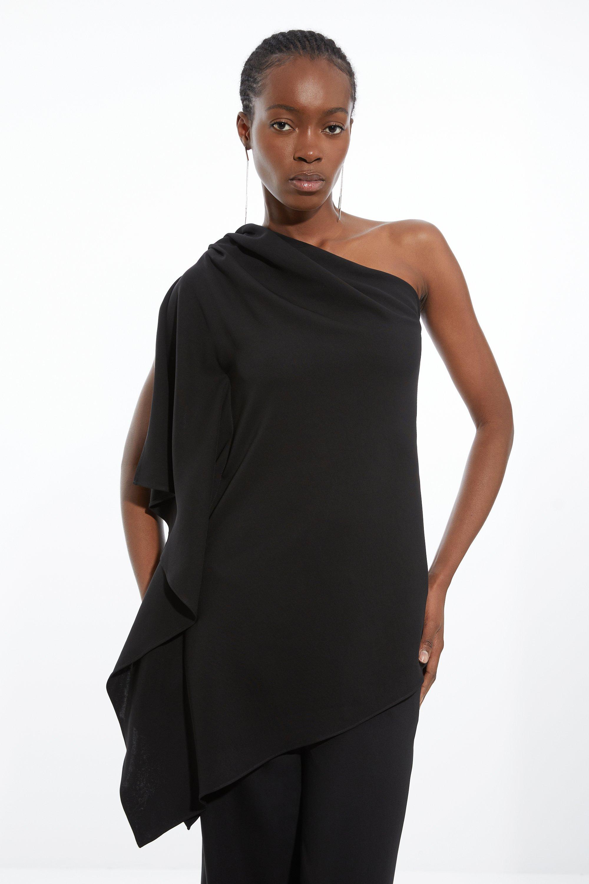 Black Ooto Viscose Crepe Strong Shoulder Draped Woven Top