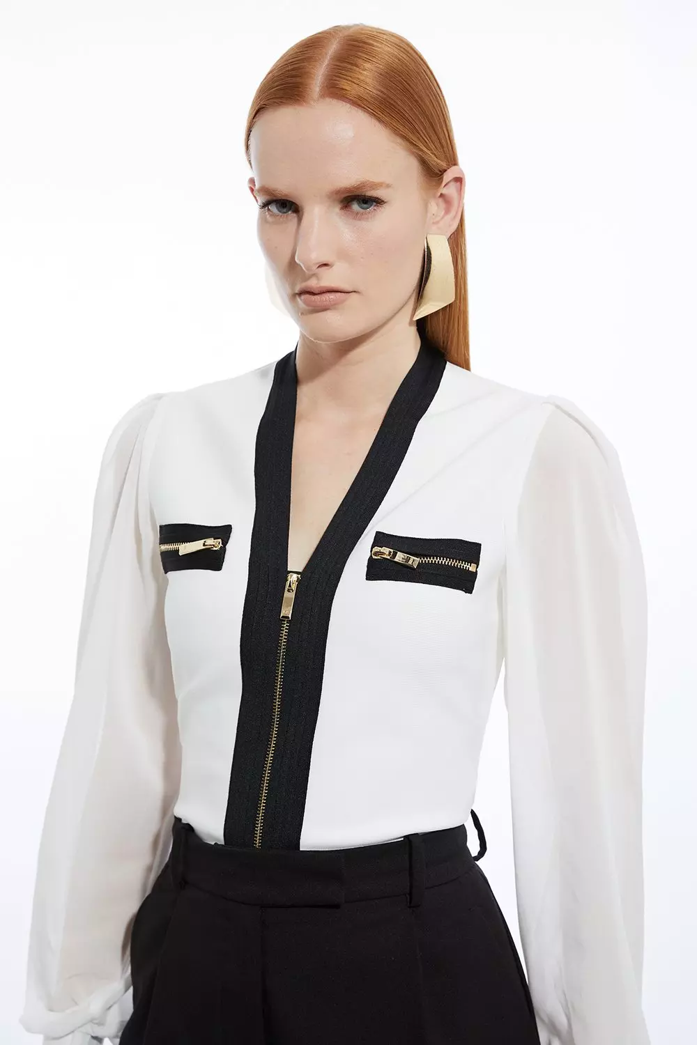 Chiffon Sleeve Zip Through Bandage Knit Top | Karen Millen