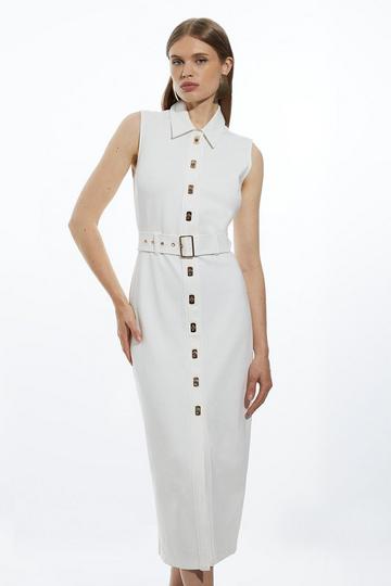 Ponte Jersey Hardwear And Pu Detail Midi Dress ivory