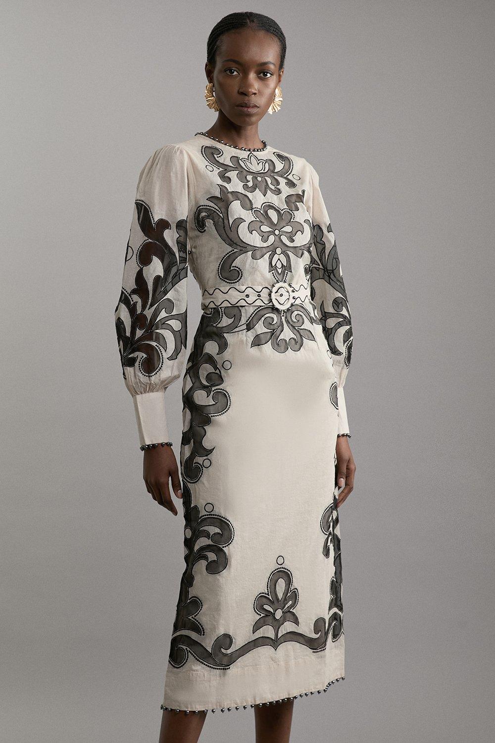 おしゃれ【KAREN MILLEN】オーガンジー ロングシャツドレス Baroque Applique Organdie Long Sleeve Woven Maxi Dress