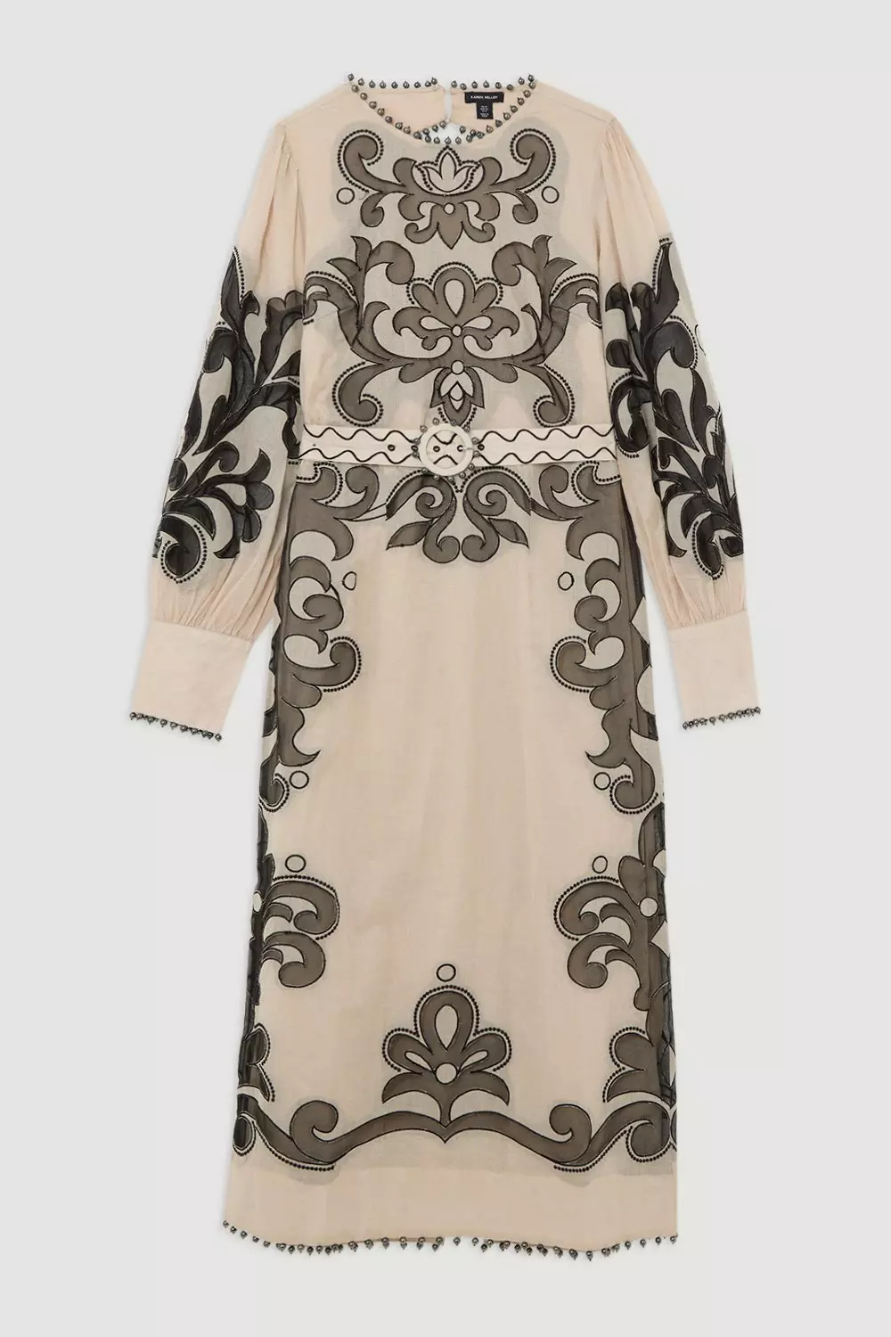 おしゃれ【KAREN MILLEN】オーガンジー ロングシャツドレス Baroque Applique Organdie Long Sleeve Woven Maxi Dress
