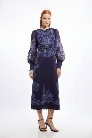 Navy Baroque Applique Orandie Long Sleeve Woven Midi Dress