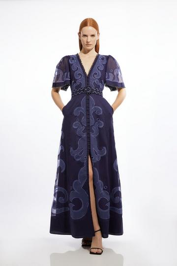 Baroque Applique Organdie Woven Maxi Dress navy