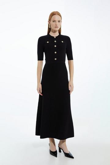 Black Rib Knit Military Trim Midaxi Dress