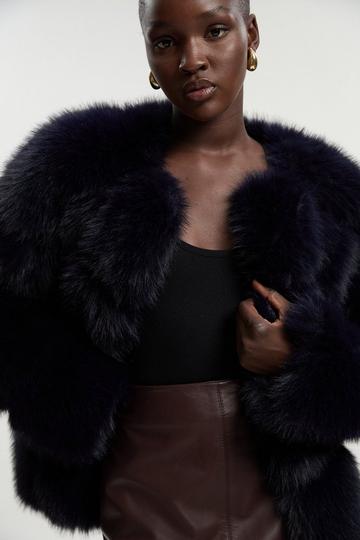 Navy Faux Fur Panelled Long Sleeve Jacket