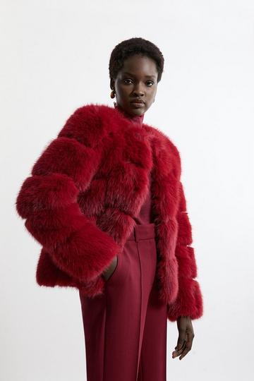 Red Faux Fur Panelled Long Sleeve Jacket