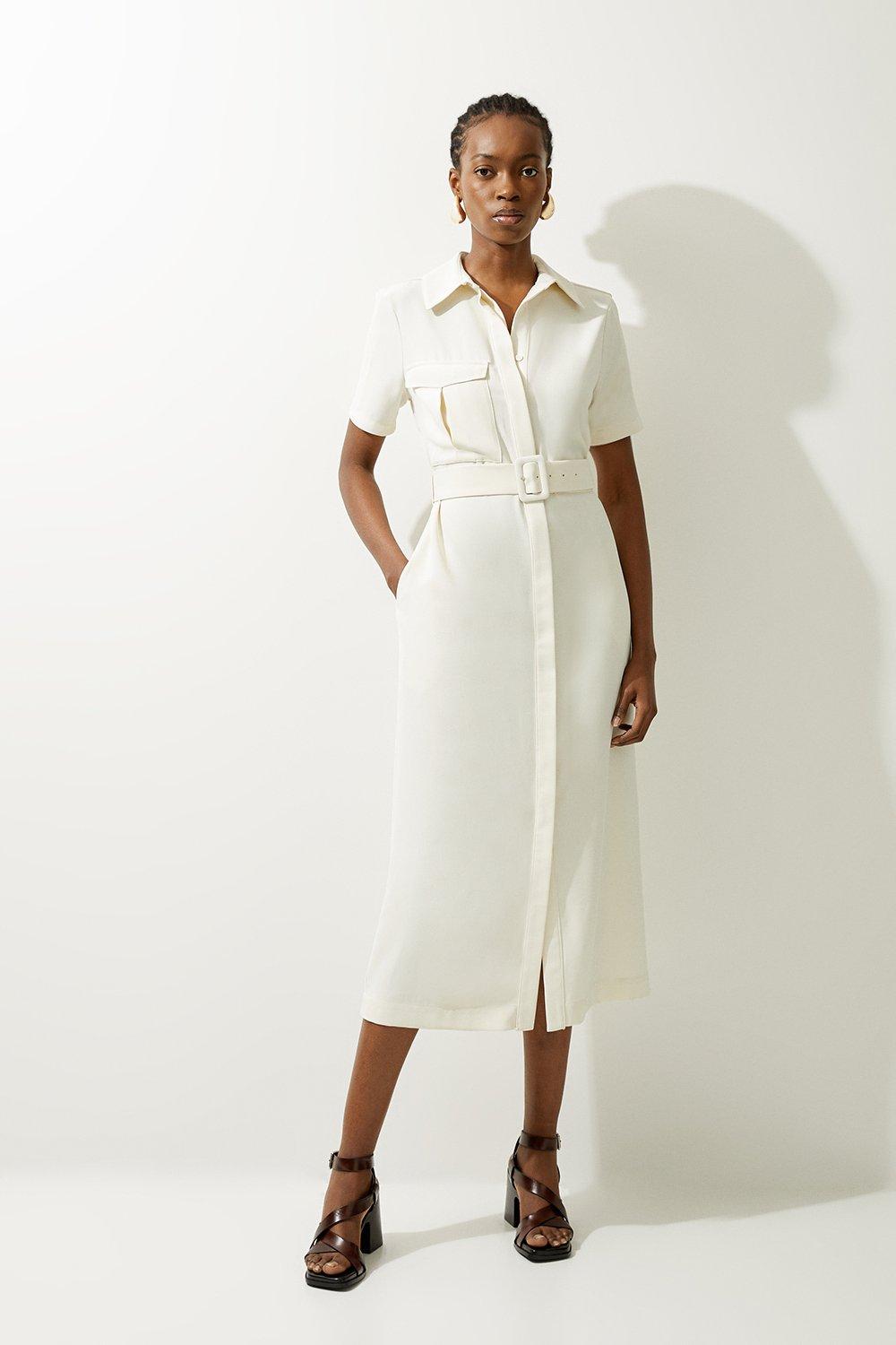 Petite Tailored Crepe Pocket Detail Short Sleeved Belted Midi Shirt Dress |  Karen Millen