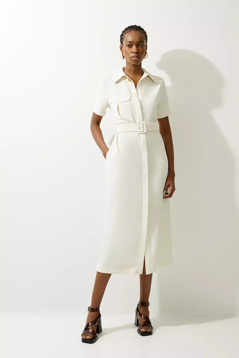 Petite Tailored Crepe Pocket Detail Short Sleeved Belted Midi Shirt Dress Karen Millen