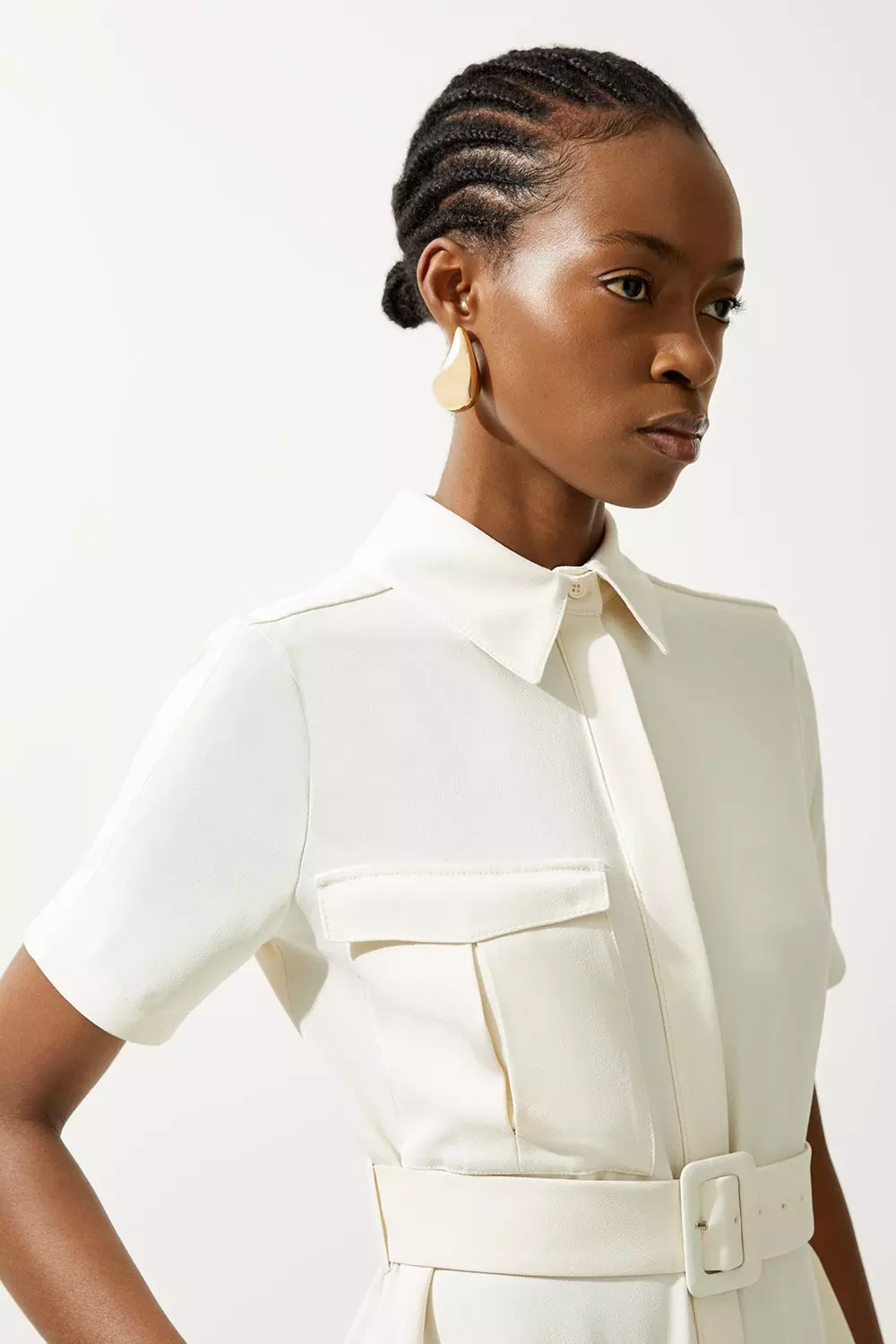 Ivory Petite Tailored Crepe Pocket Detail Short Sleeved Belted Midi Shirt Dress alternative image