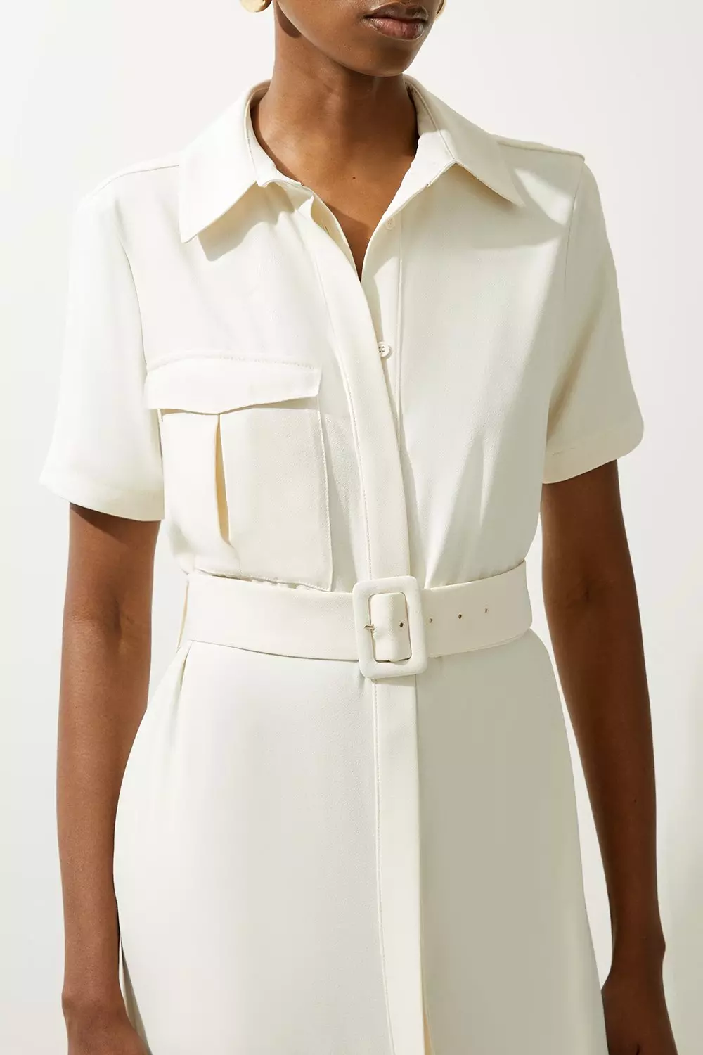 Ivory Petite Tailored Crepe Pocket Detail Short Sleeved Belted Midi Shirt Dress alternative image