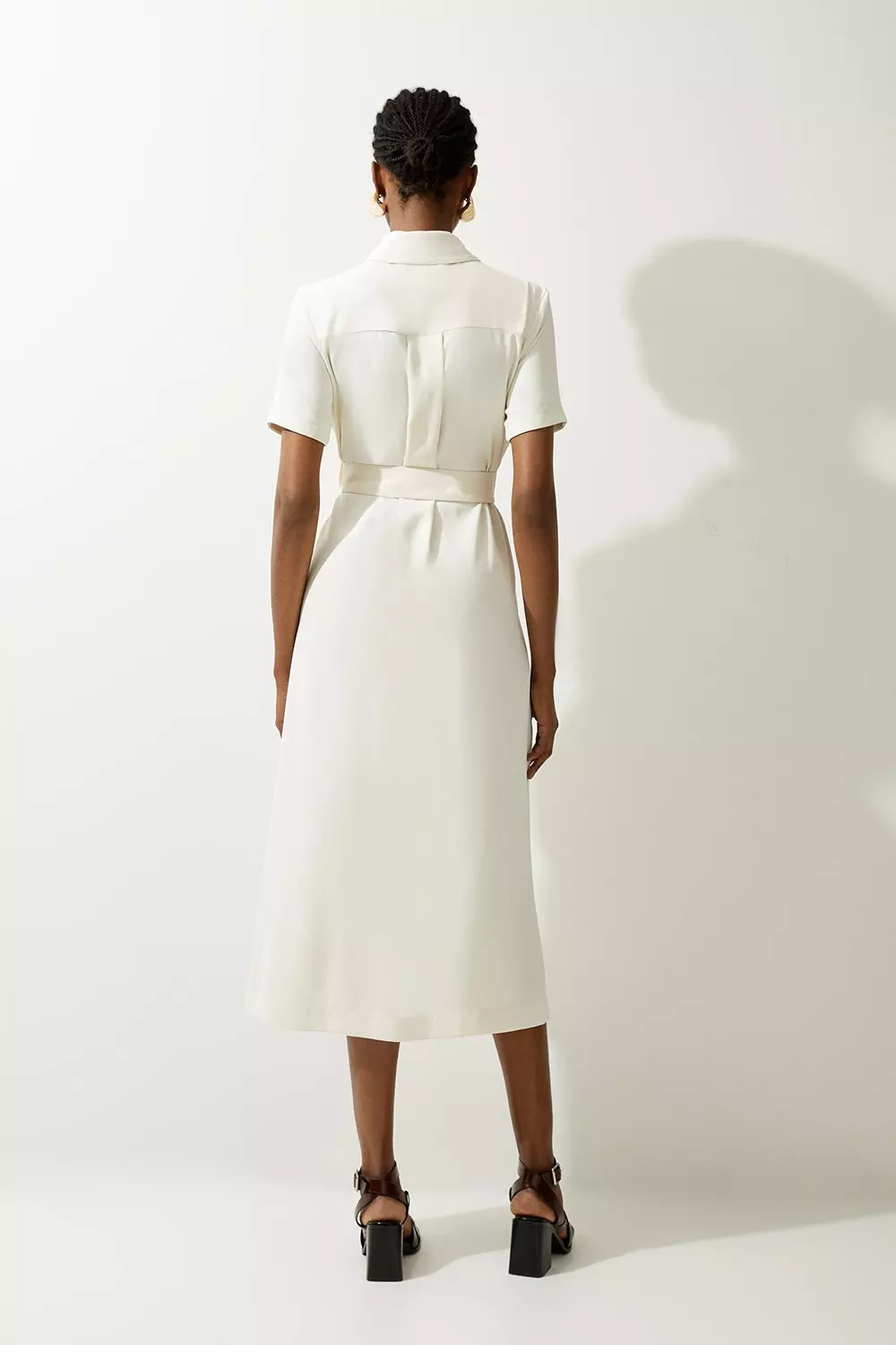 Petite Tailored Crepe Pocket Detail Short Sleeved Belted Midi Shirt Dress Karen Millen