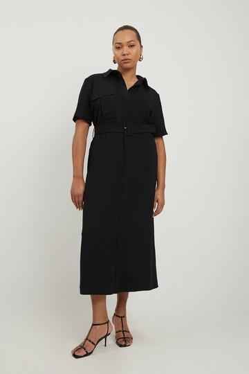 Plus Size Tailored Crepe Pocket Detail Short Sleeved Belted Midi Shirt Dress black