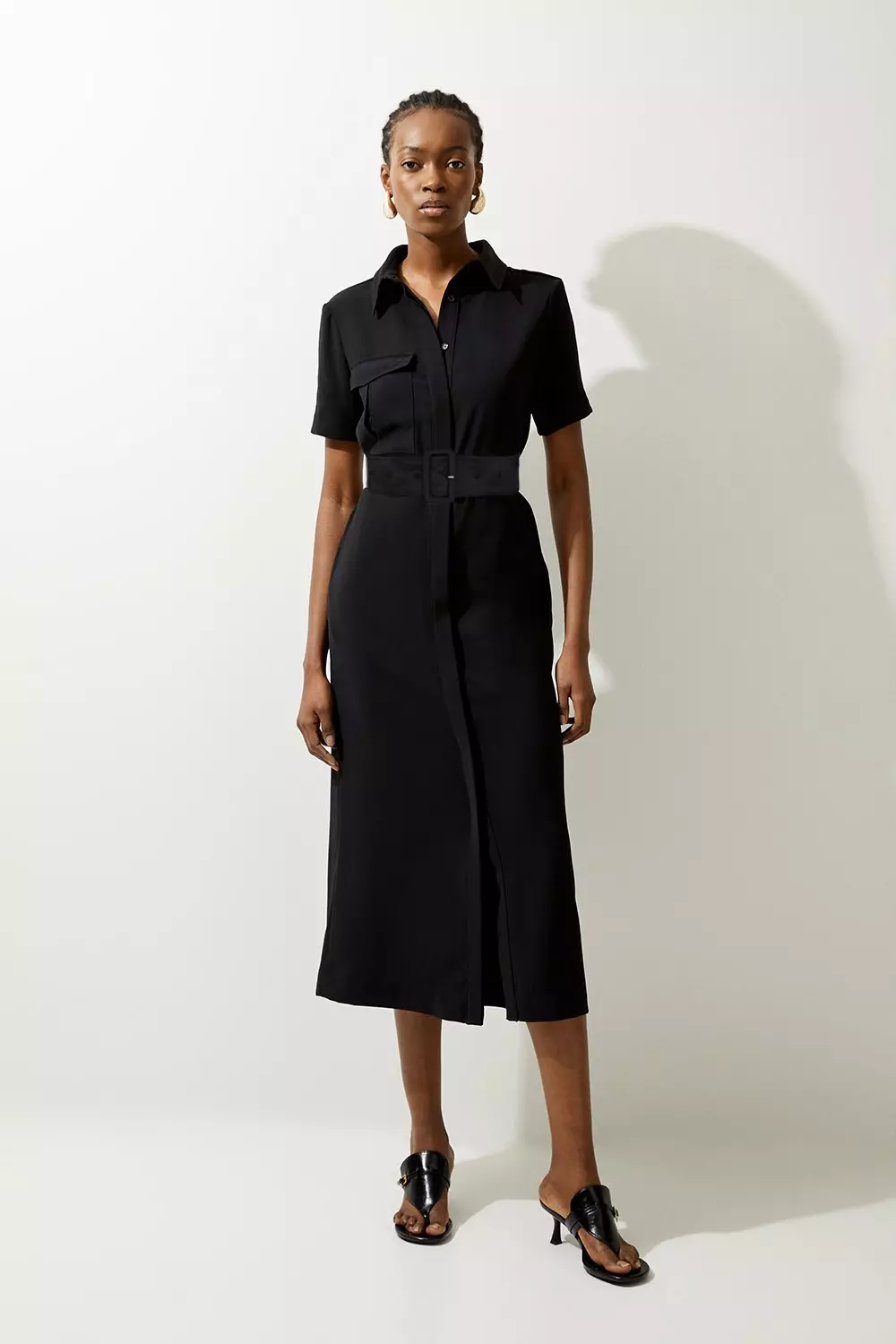 Tailored Crepe Pocket Detail Short Sleeved Belted Midi Shirt Dress Karen Millen