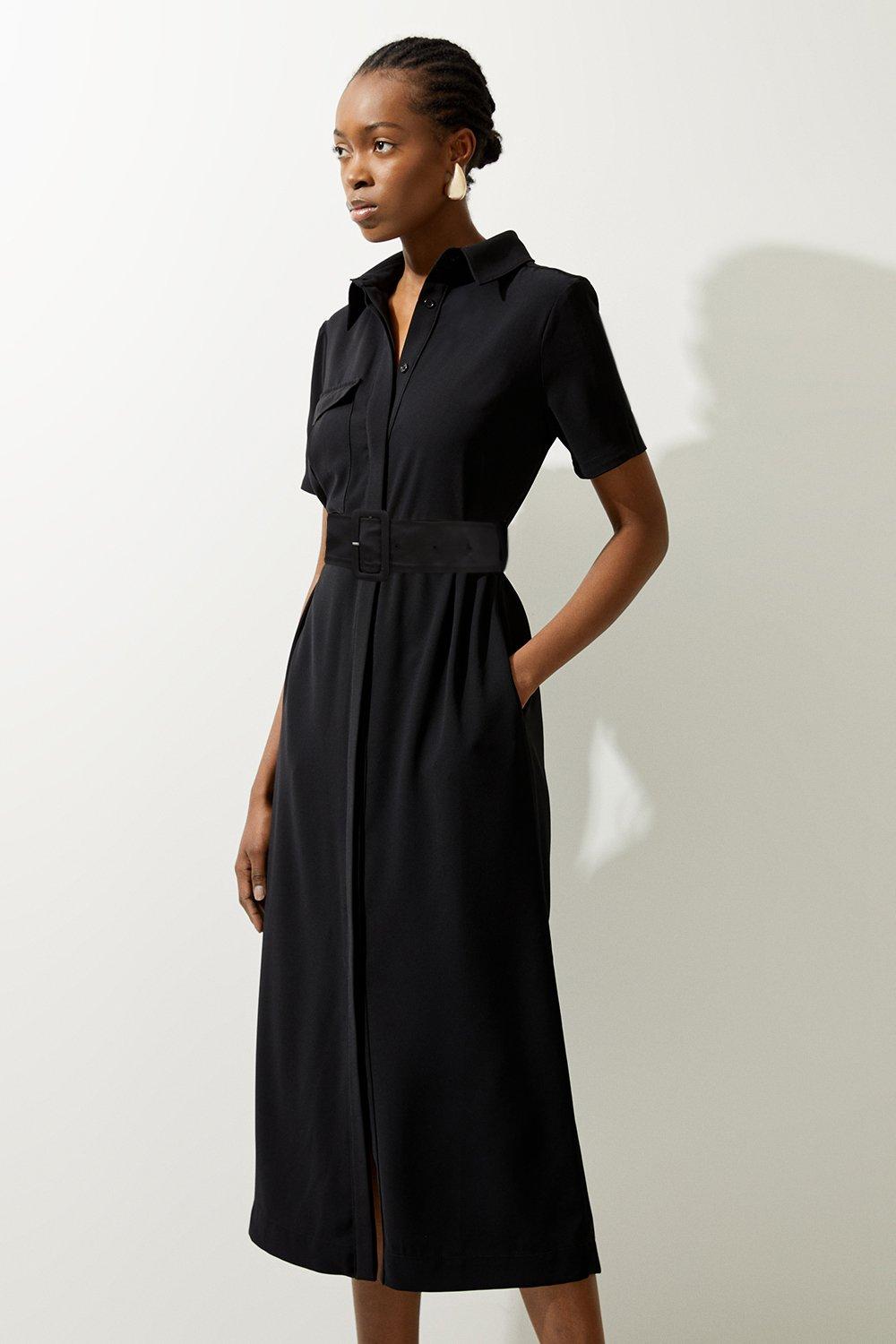 Tailored Crepe Pocket Detail Short Sleeved Belted Midi Shirt Dress | Karen  Millen