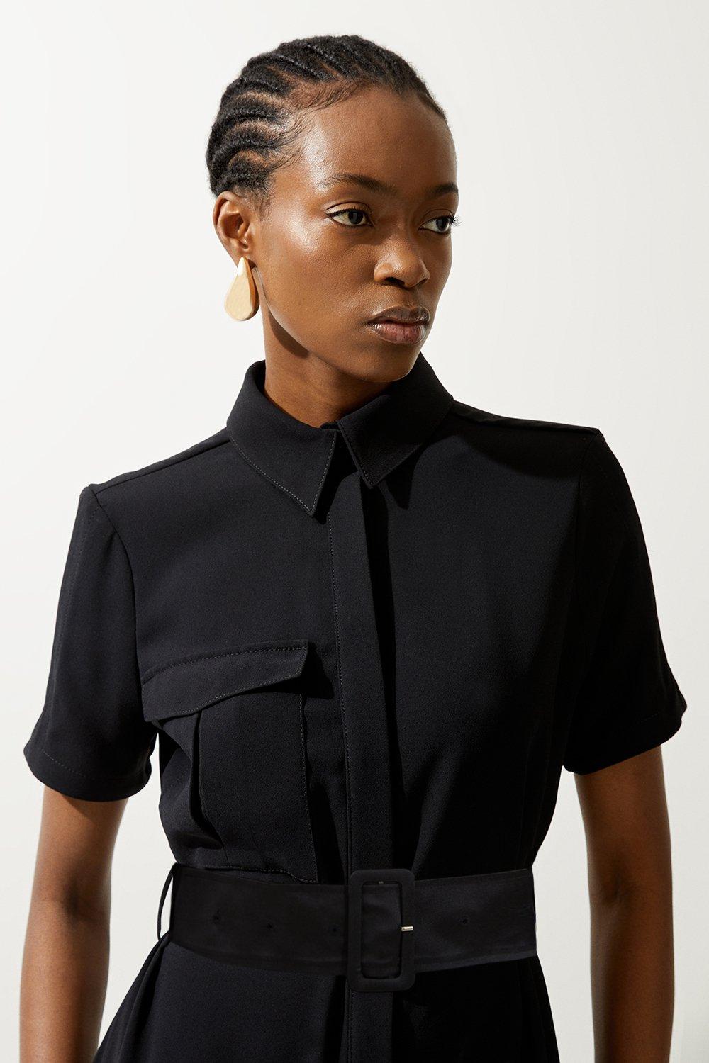 Tailored Crepe Pocket Detail Short Sleeved Belted Midi Shirt Dress | Karen  Millen