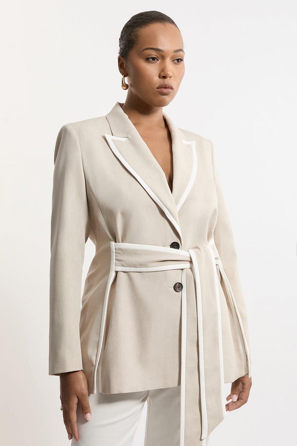 Natural Plus Size Tailored Belted Tipped Detail Blazer