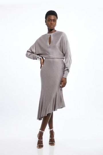 Grey Viscose Blend Slinky Jacquard Asymmetric Knit Midi Dress