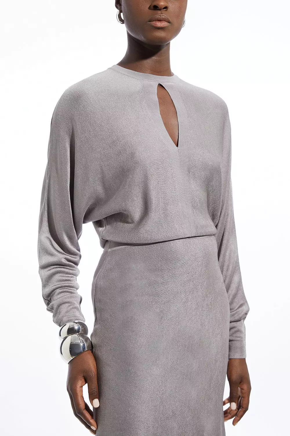 Viscose Blend Slinky Jacquard Asymmetric Knit Midi Dress