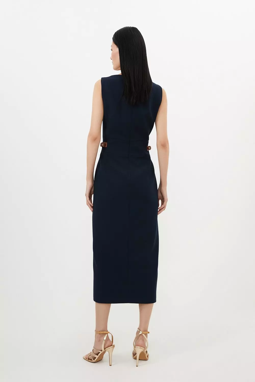 Petite Compact Stretch Tailored Pu Tab Detail Midi Dress