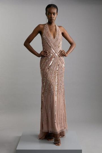 Gold Metallic Petite Metallic Embellished And Beaded Halter Maxi Dress