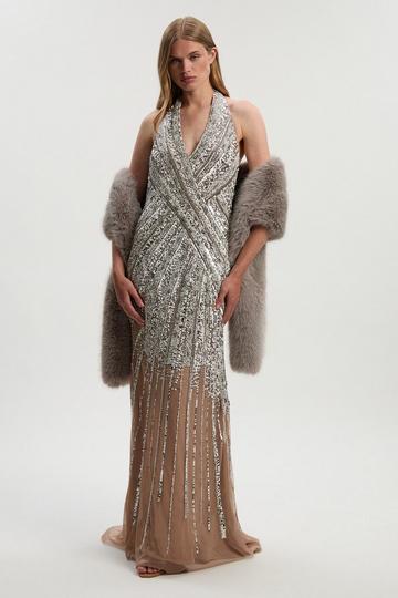 Metallic Embellished And Beaded Halter Maxi Dress nude