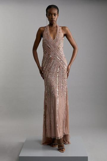 Gold Metallic Metallic Embellished And Beaded Halter Maxi Dress