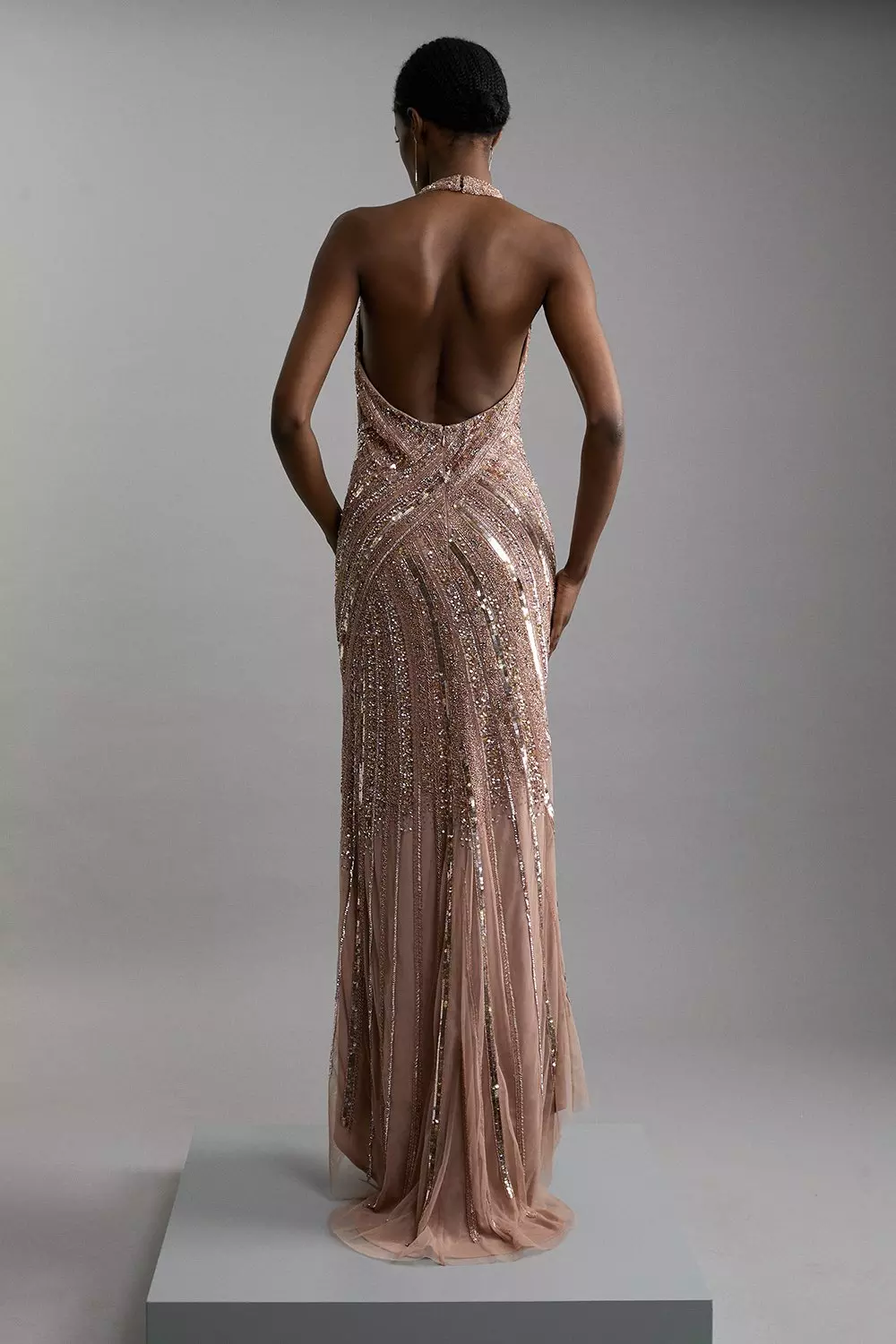 Rose gold Metallic Embellished And Beaded Halter Maxi Dress alternative image