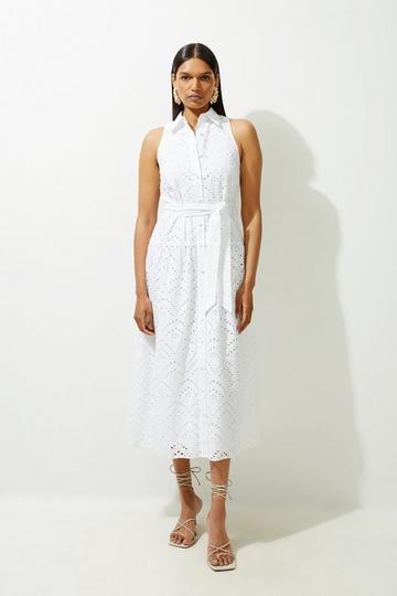 Petite Cotton Broderie Belted Woven Maxi Shirt Dress ivory