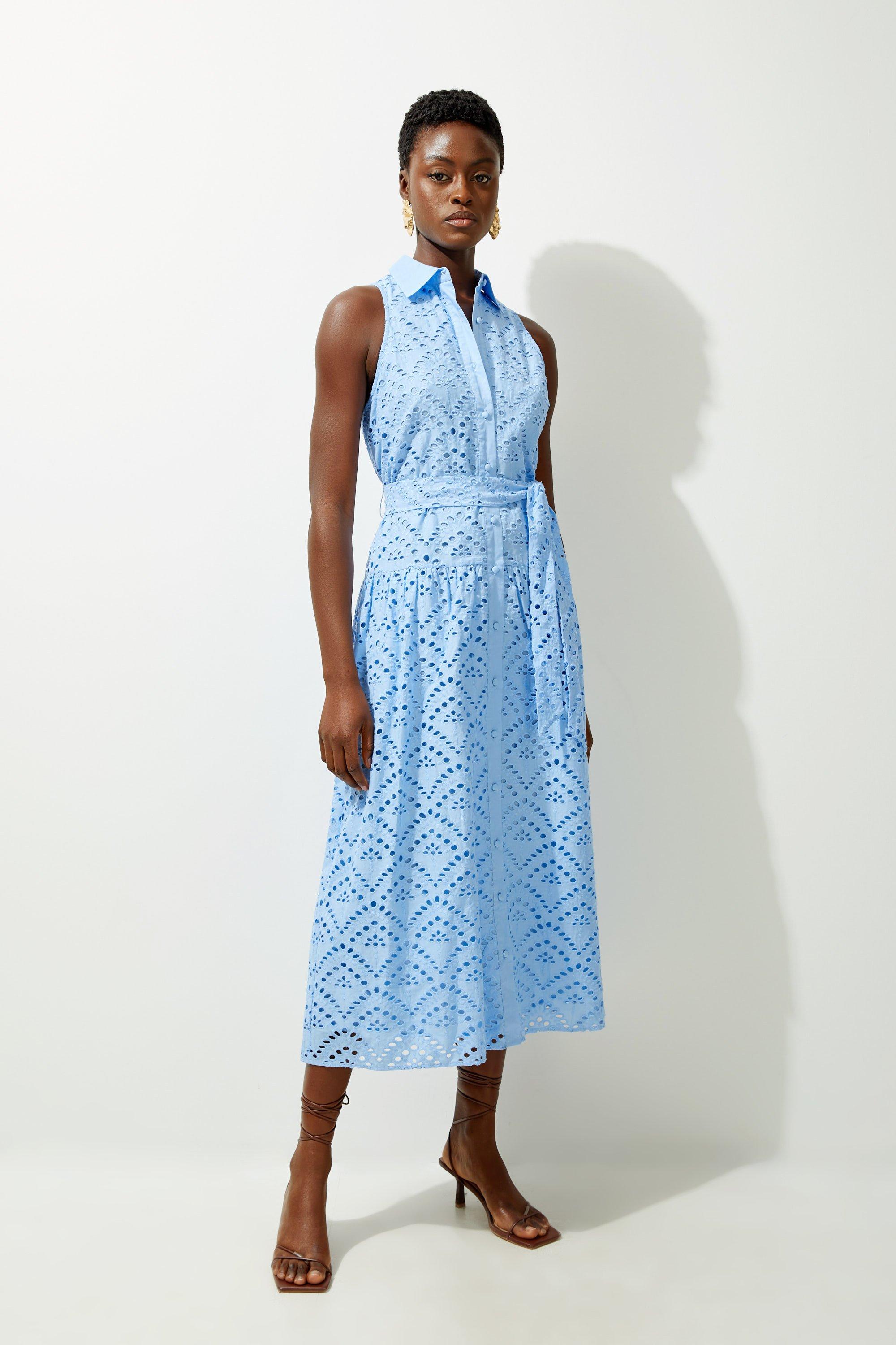 Cotton Eyelet Belted Woven Maxi Shirt Dress | Karen Millen